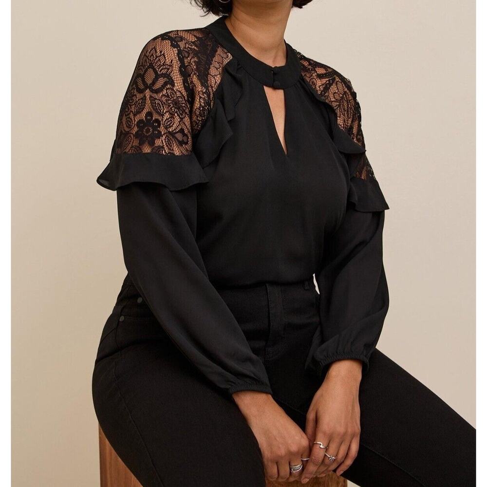 Torrid Georgette Crochet Inset Top Black Plus Size - Picture 2 of 12